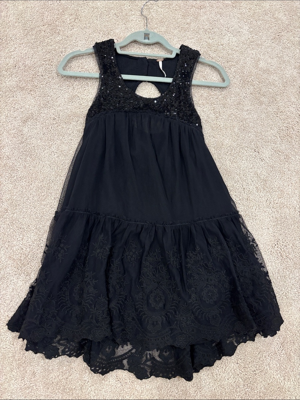 Free People Black Sleeveless chiffon Sequin ,Lace lined keyhole back tunic